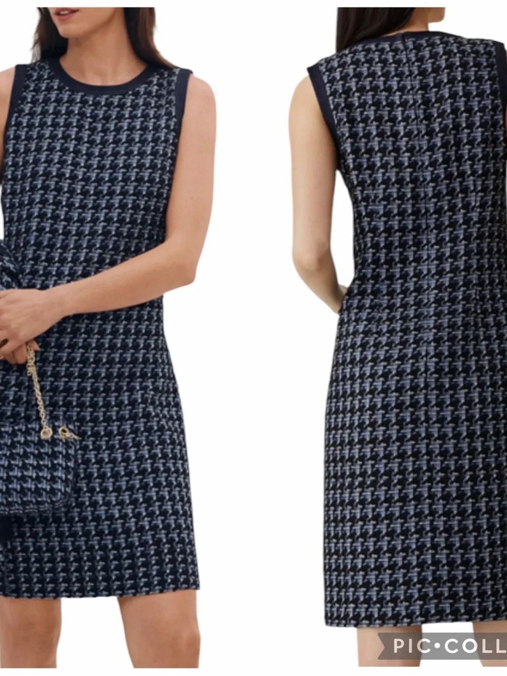 Ann Taylor Navy Tweed Sleeveless Shift Dress with Denim Trim Size 14